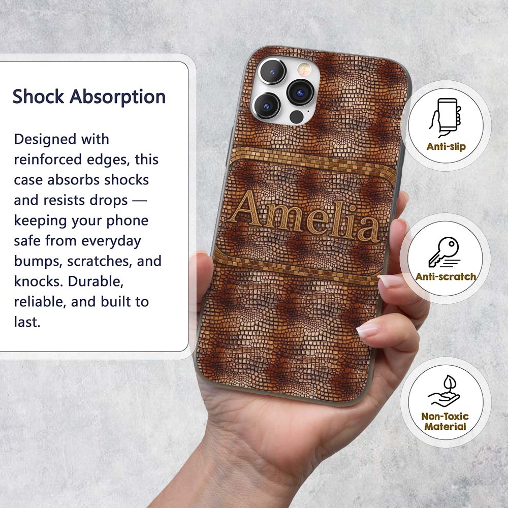 Dark Textured Crocodile Skin Pattern Realistic Custom Name Protective Phone Case Mobile Cover Durable Everyday Smartphone Shock Resistant