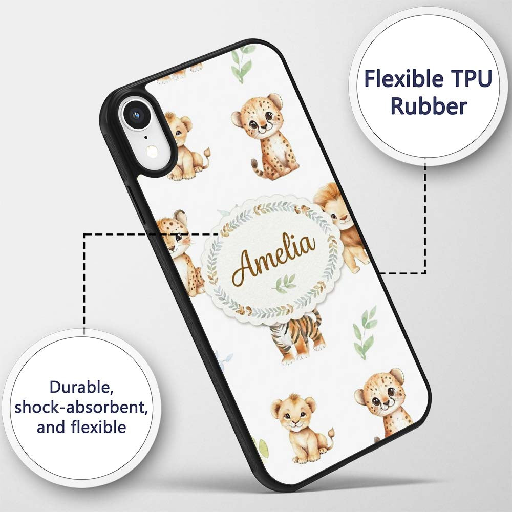Cute Baby Jungle Animals with Leaves on Soft Grey Custom Name Protective Phone Case Mobile Cover Durable Everyday Smartphone Shock Resistant