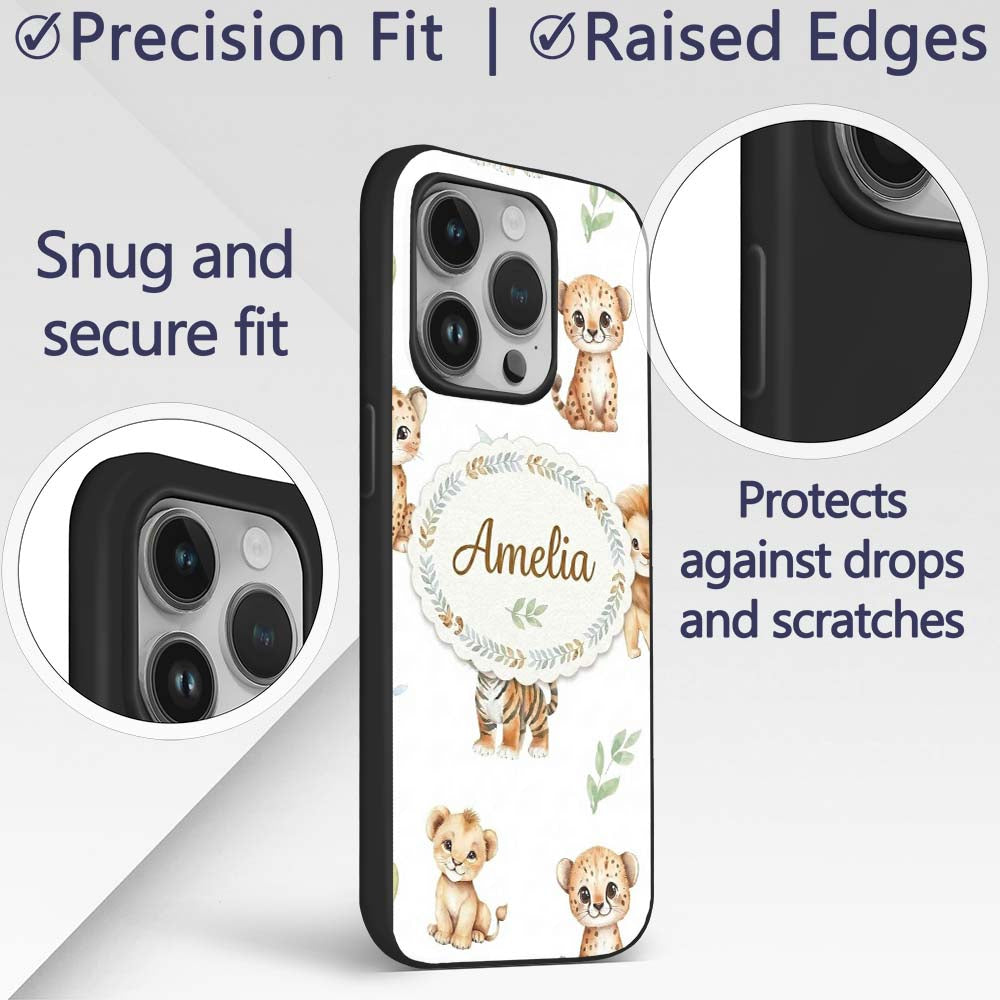 Cute Baby Jungle Animals with Leaves on Soft Grey Custom Name Protective Phone Case Mobile Cover Durable Everyday Smartphone Shock Resistant