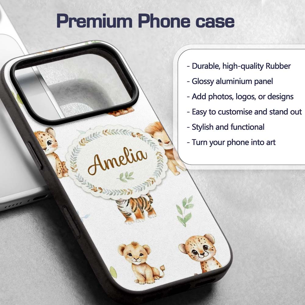 Cute Baby Jungle Animals with Leaves on Soft Grey Custom Name Protective Phone Case Mobile Cover Durable Everyday Smartphone Shock Resistant
