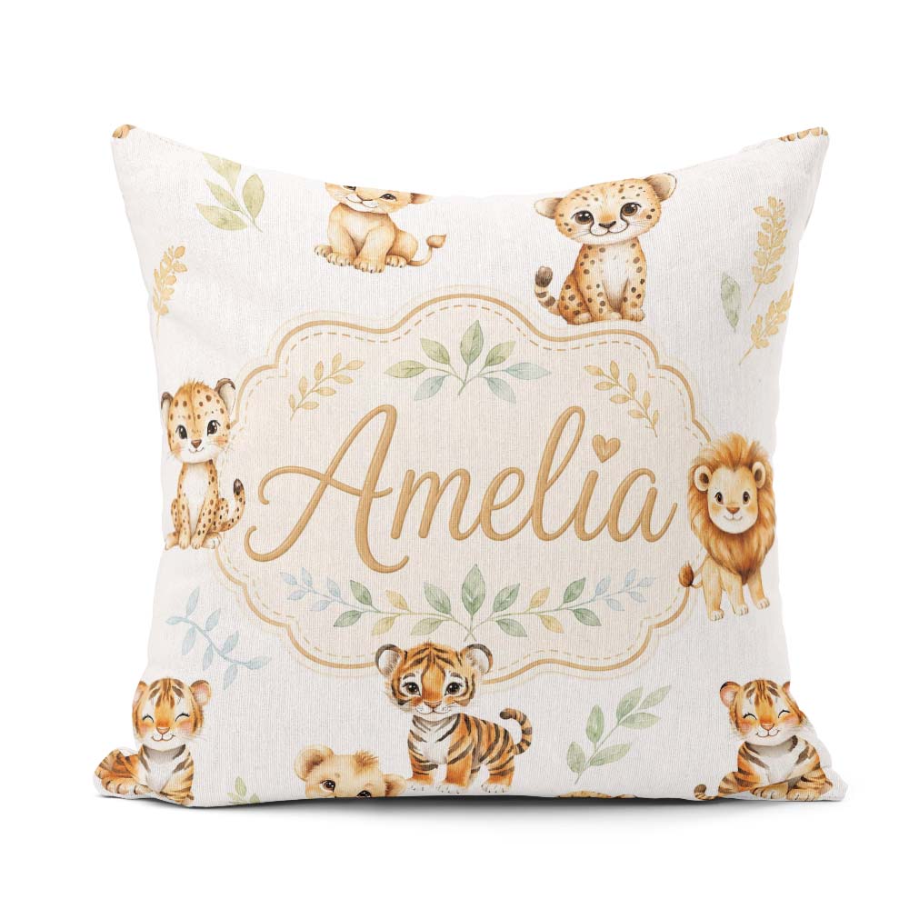 Custom Name Baby Jungle Animals with on Grey Background Seamless Square Filled Cushion Throw Pillow Sofa Bed Home Decor Zip Washable UK Made