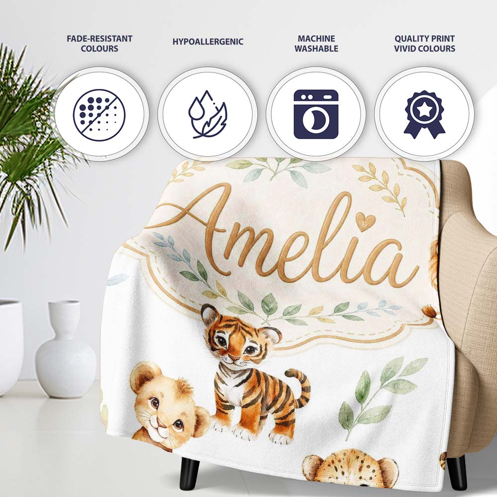 Cute Baby Jungle Animals with Leaves on Grey Background Seamless Personalised Custom Name Super Soft Fleece Blanket Bed Sofa Throw