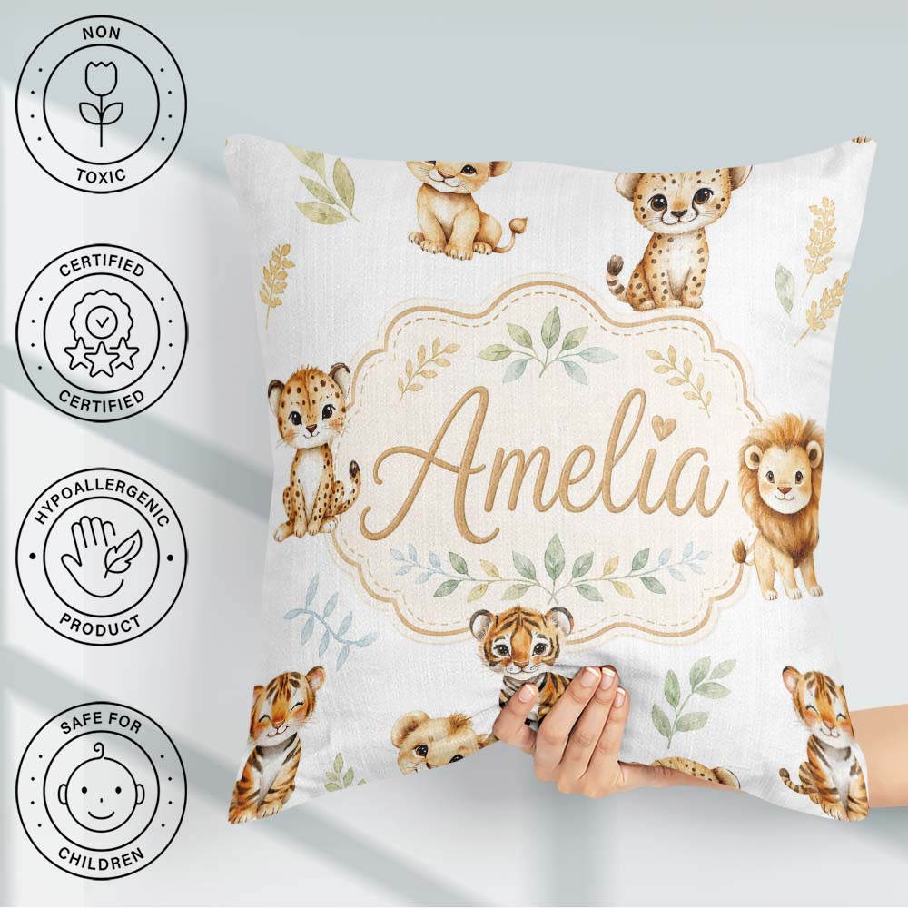 Custom Name Baby Jungle Animals with on Grey Background Seamless Square Filled Cushion Throw Pillow Sofa Bed Home Decor Zip Washable UK Made