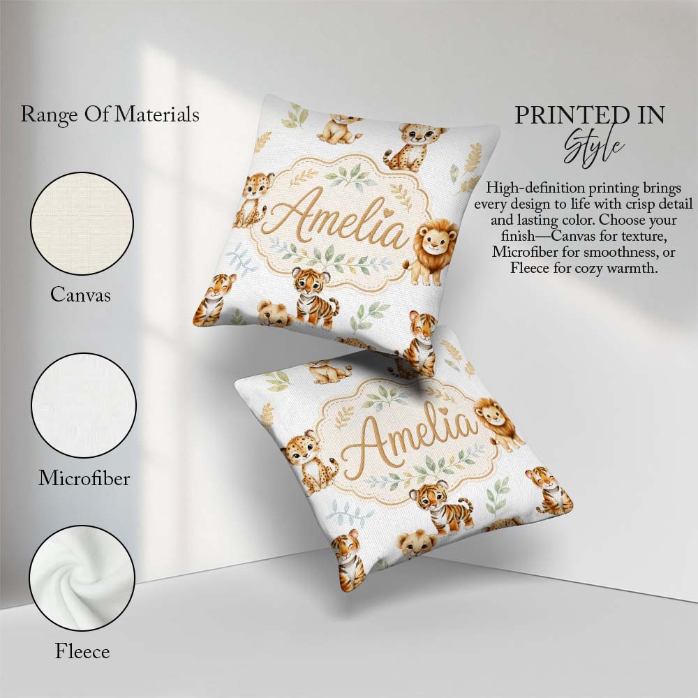 Custom Name Baby Jungle Animals with on Grey Background Seamless Square Filled Cushion Throw Pillow Sofa Bed Home Decor Zip Washable UK Made