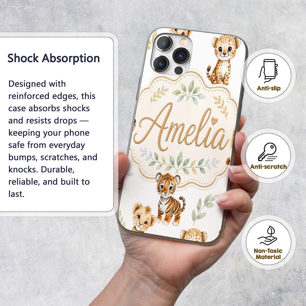 Cute Baby Jungle Animals with Leaves on Grey Custom Name Protective Phone Case Mobile Cover Durable Everyday Smartphone Shock Resistant