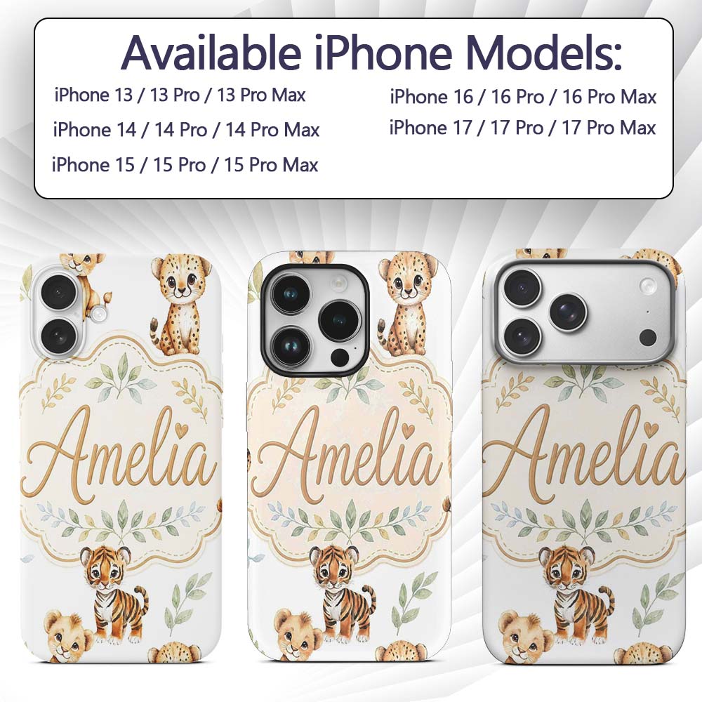 Cute Baby Jungle Animals with Leaves on Grey Custom Name Protective Phone Case Mobile Cover Durable Everyday Smartphone Shock Resistant