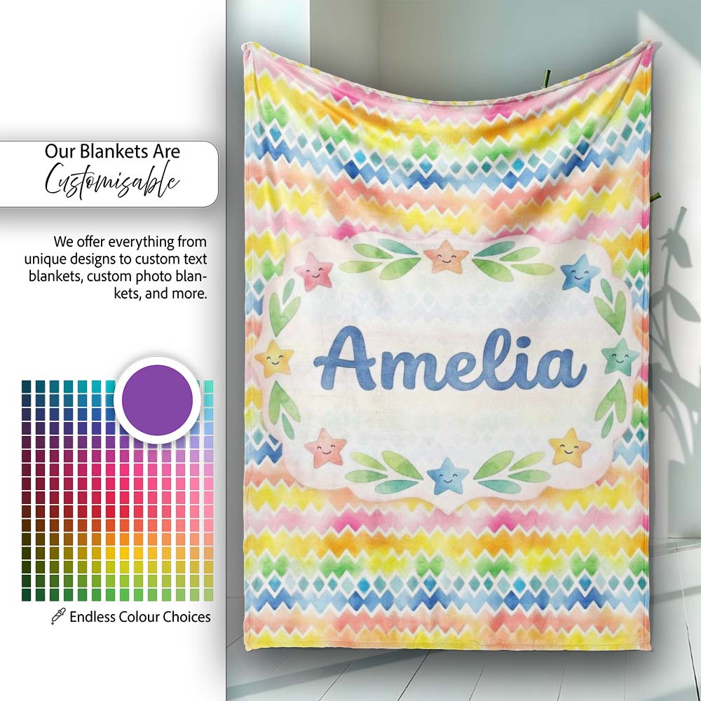 Rainbow Watercolor Chevron and Diamond Stripe Seamless Pattern Personalised Custom Name Super Soft Fleece Blanket Bed Sofa Throw