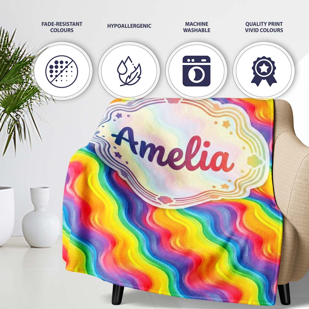 Bright Rainbow Wavy Stripes Seamless Pattern Cute Unique Gift Lovely Personalised Custom Name Super Soft Fleece Blanket Bed Sofa Throw