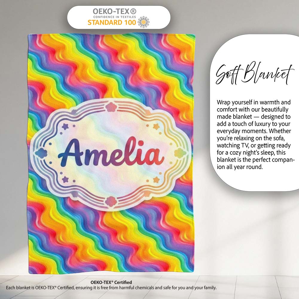 Bright Rainbow Wavy Stripes Seamless Pattern Cute Unique Gift Lovely Personalised Custom Name Super Soft Fleece Blanket Bed Sofa Throw