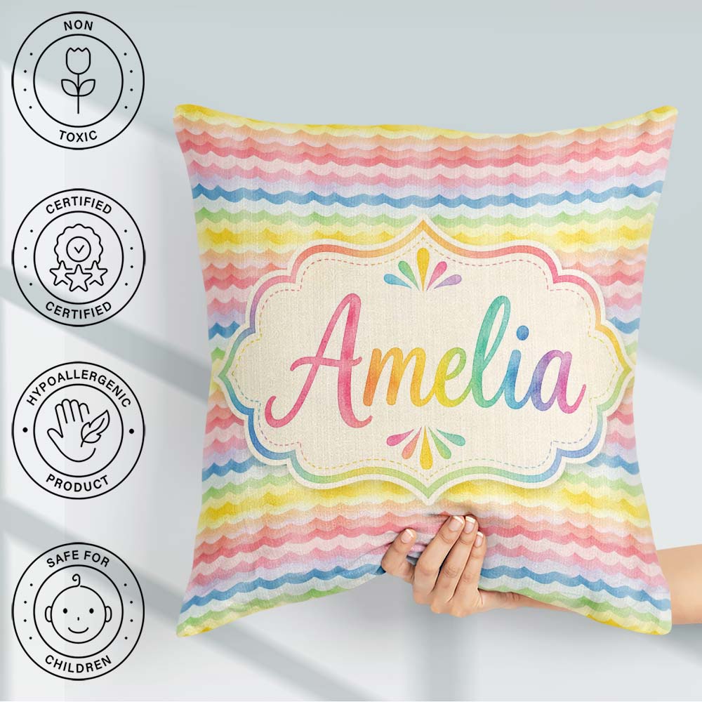 Custom Name Pastel Rainbow Soft Wave Stripes Seamless Pattern Square Filled Cushion Throw Pillow Sofa Bed Home Decor Zip Washable UK Made