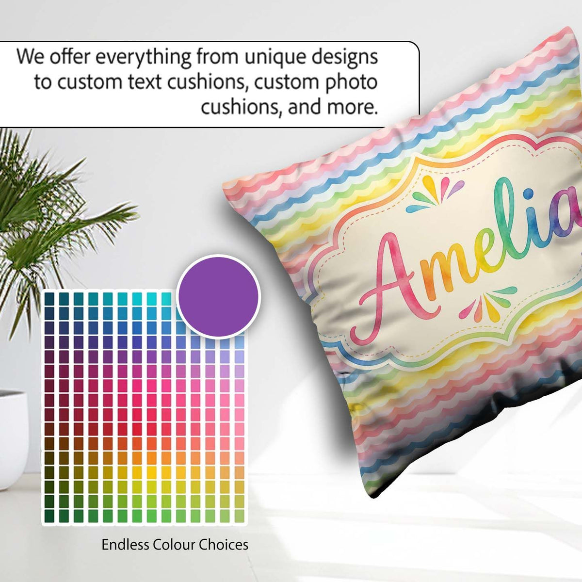 Custom Name Pastel Rainbow Soft Wave Stripes Seamless Pattern Square Filled Cushion Throw Pillow Sofa Bed Home Decor Zip Washable UK Made