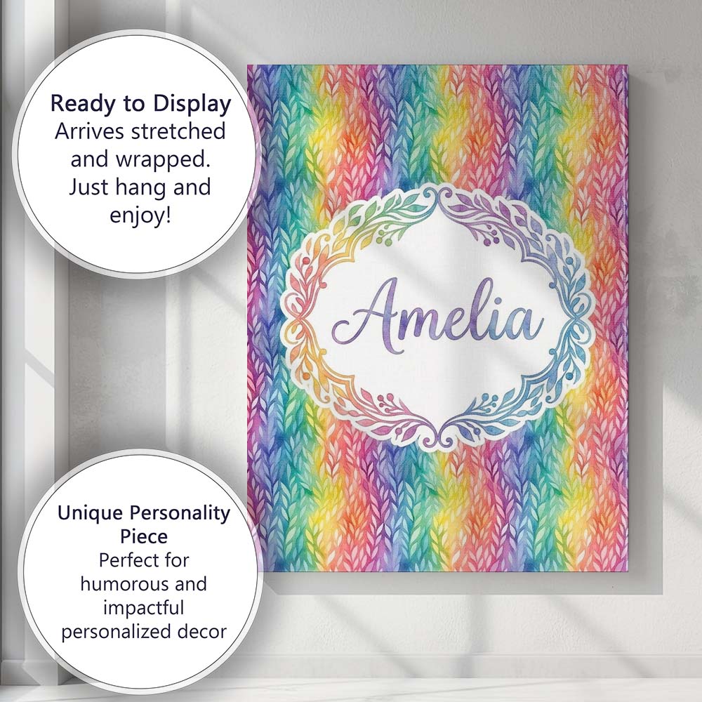 Personalised Name Watercolor Leaf Stripe Custom Unique Gift Idea Elegant Feature Canvas Wall Art Print Decor Picture Ready to Hang