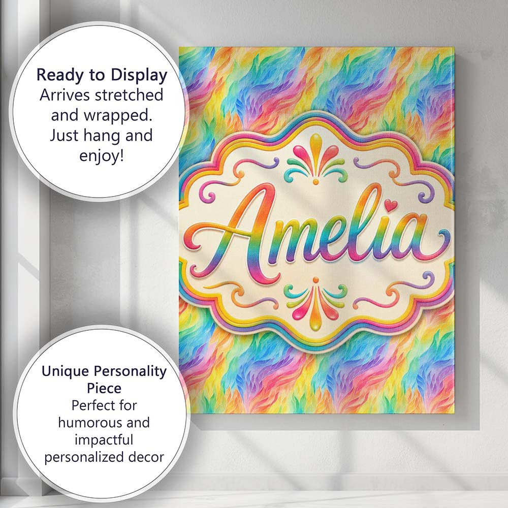 Personalised Name Flowing Rainbow Feather Custom Unique Gift Idea Elegant Feature Canvas Wall Art Print Decor Picture Ready to Hang