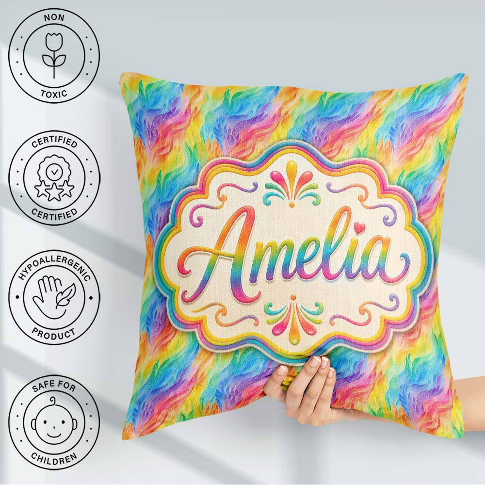 Custom Name Flowing Rainbow Feather Leaf Texture Seamless Lovely Square Filled Cushion Throw Pillow Sofa Bed Home Decor Zip Washable UK Made