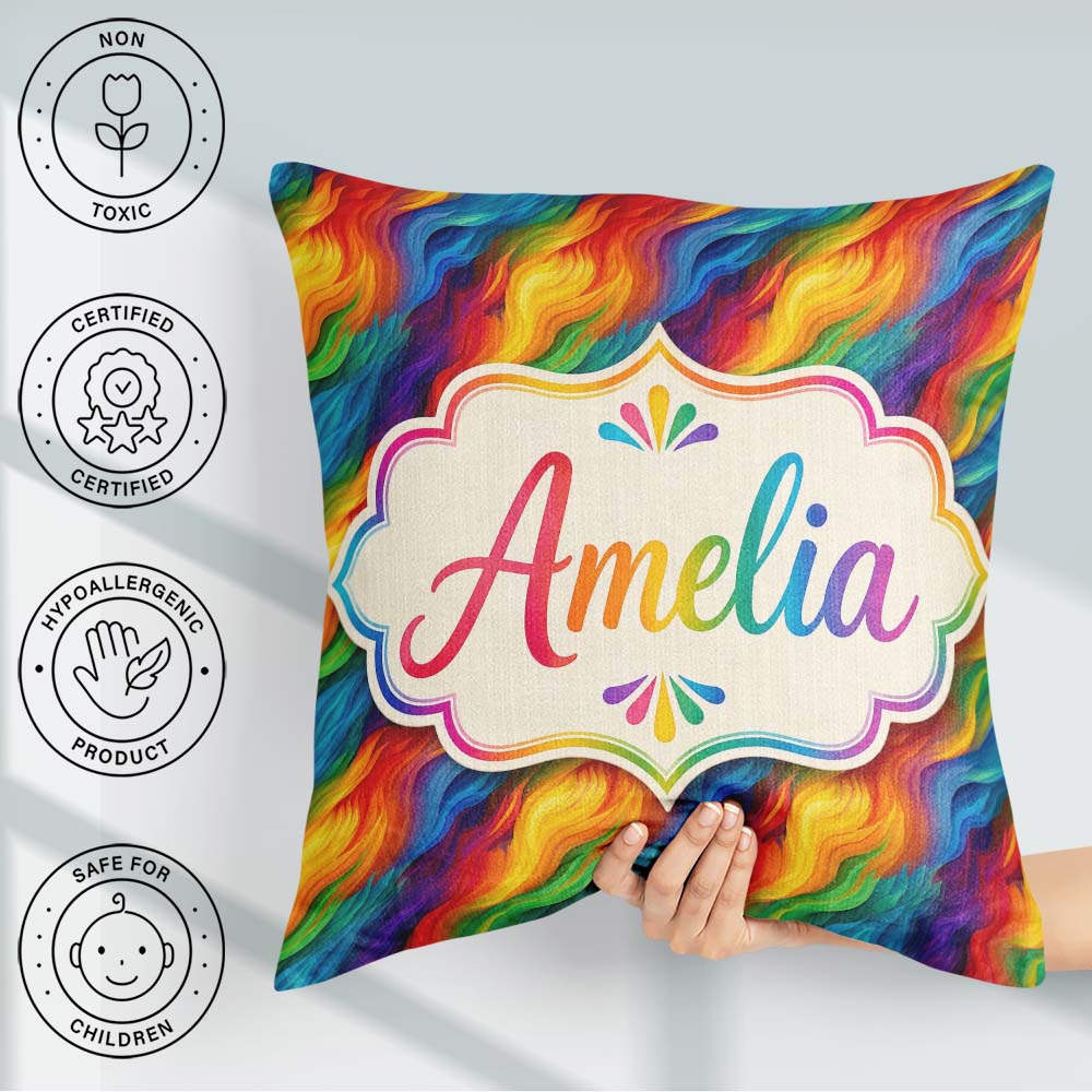 Custom Name Vibrant Rainbow Flowing Paint Waves Seamless Pattern Square Filled Cushion Throw Pillow Sofa Bed Home Decor Zip Washable UK Made