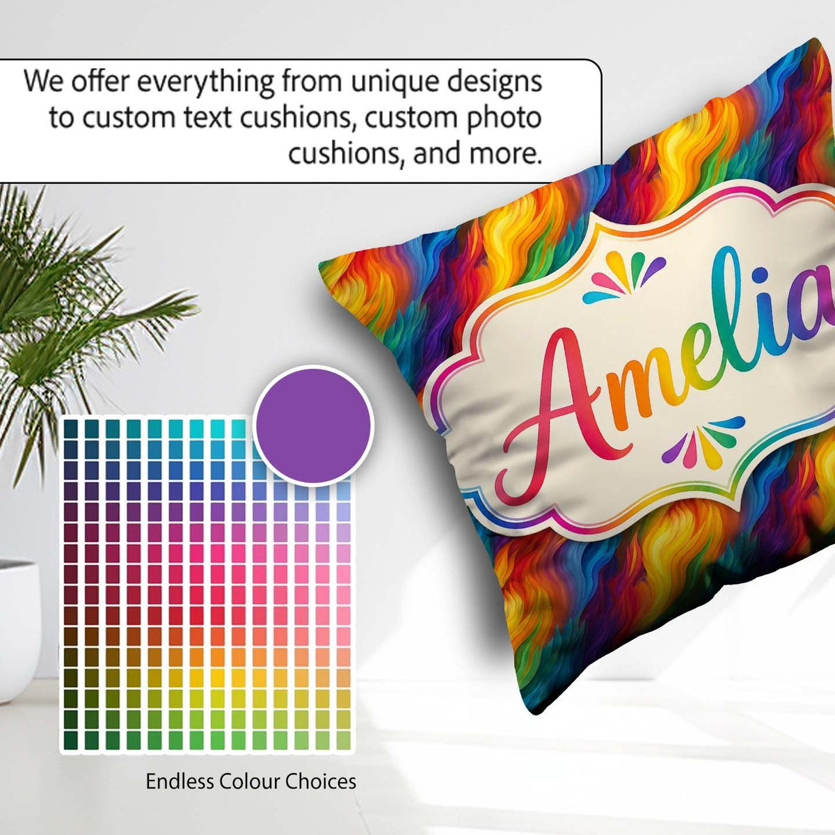 Custom Name Vibrant Rainbow Flowing Paint Waves Seamless Pattern Square Filled Cushion Throw Pillow Sofa Bed Home Decor Zip Washable UK Made