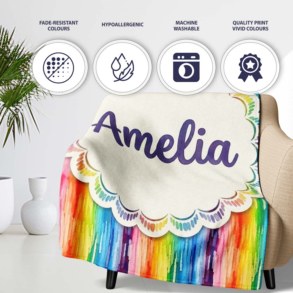Rainbow Watercolor Drip Vertical Stripes Seamless Pattern Lovely Personalised Custom Name Super Soft Fleece Blanket Bed Sofa Throw
