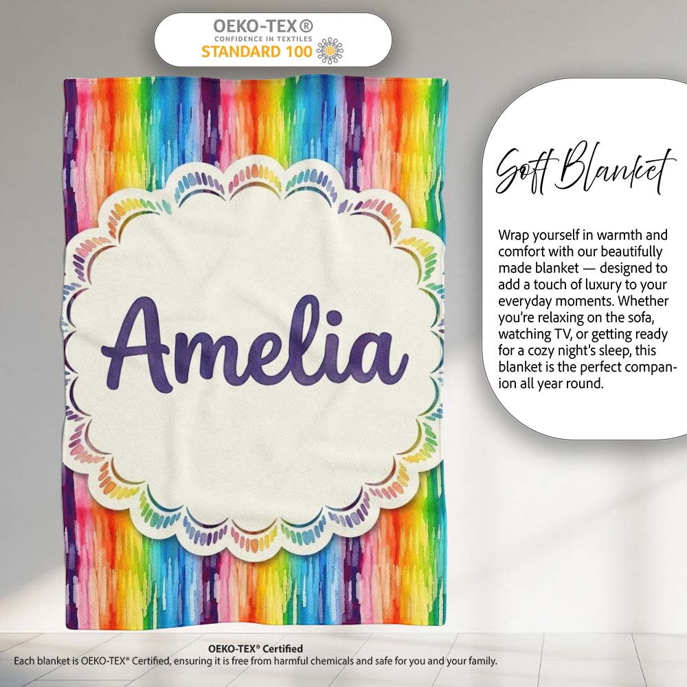 Rainbow Watercolor Drip Vertical Stripes Seamless Pattern Lovely Personalised Custom Name Super Soft Fleece Blanket Bed Sofa Throw