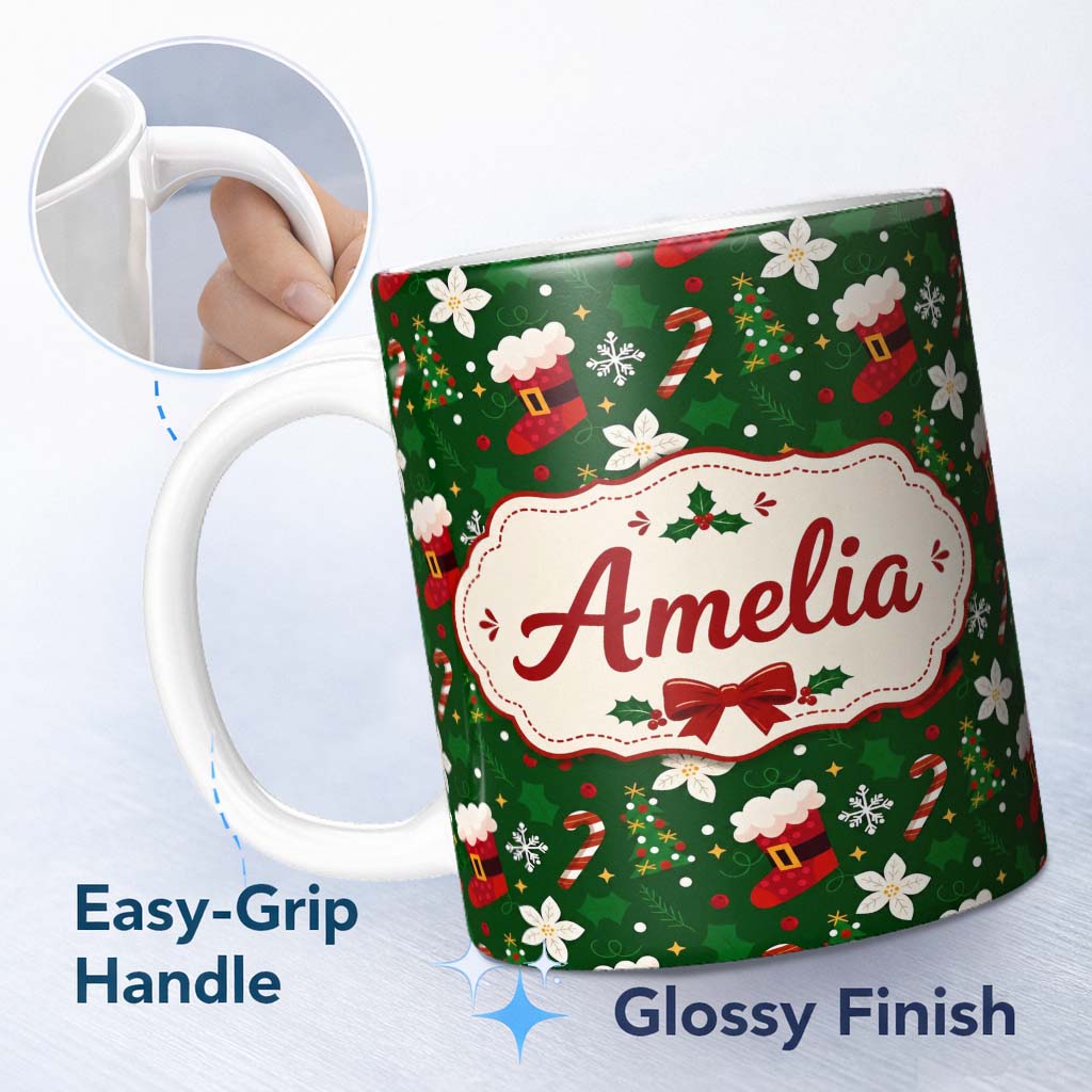 Personalized Custom Name Christmas Stocking Candy Cane Tree Poinsettia Seamless Pattern 11oz Ceramic Coffee Tea Mug White Large Handle