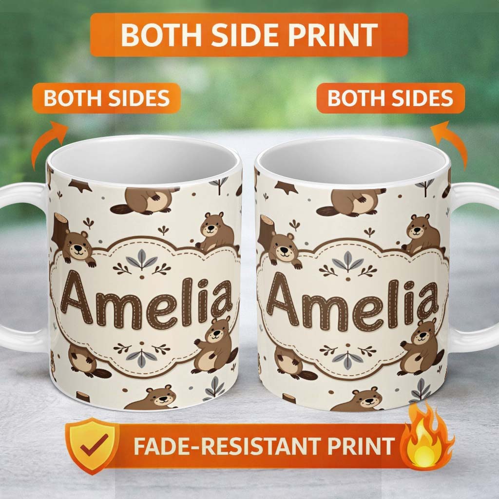 Personalized Custom Name Cute Beavers Forest Trees Woodland Animals Seamless Pattern Lovely 11oz Ceramic Coffee Tea Mug White Large Handle