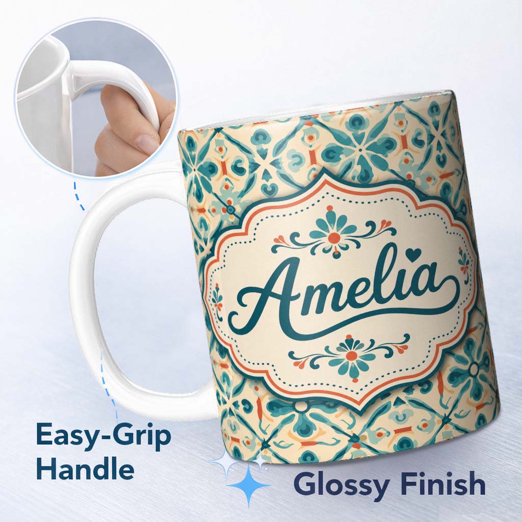 Personalized Custom Name Teal and Coral Geometric Floral Tile Pattern on Warm Cream Lovely 11oz Ceramic Coffee Tea Mug White Large Handle