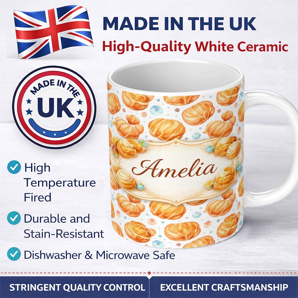 Personalized Custom Name Glazed Croissant Pastry Food Seamless Pattern Cute Unique Gift 11oz Ceramic Coffee Tea Mug White Large Handle