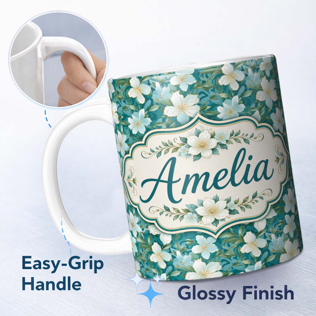 Personalized Custom Name Aqua Floral Blossom Pattern with Soft White Flowers and Green Leaves 11oz Ceramic Coffee Tea Mug White Large Handle