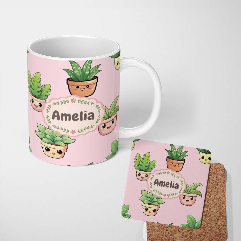 Personalized Custom Name Cute Kawaii Smiling Plant Pots Leaves Seamless Pattern Blush Lovely 11oz Ceramic Coffee Tea Mug White Large Handle