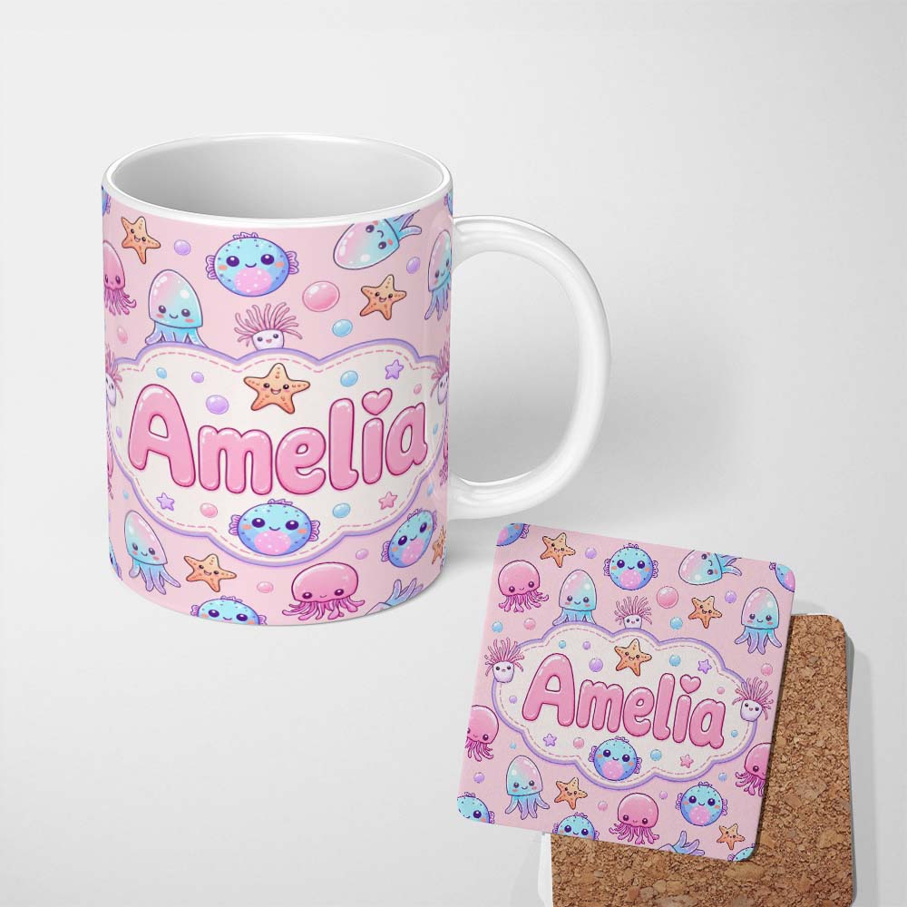 Personalized Custom Name Jellyfish Starfish and Cute Sea Creatures Soft Blush Pink Background 11oz Ceramic Coffee Tea Mug White Large Handle