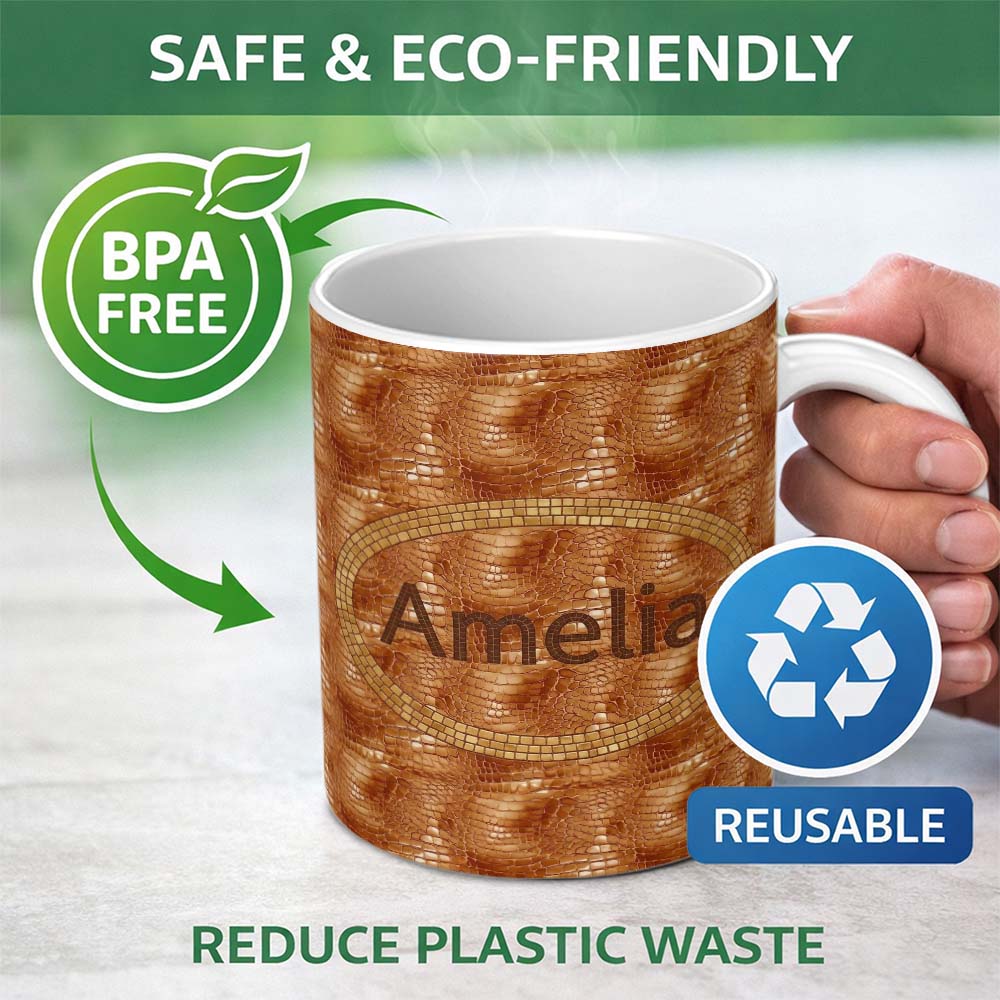 Personalized Custom Name Glossy Tan Crocodile Texture Pattern Premium Leather Look Design 11oz Ceramic Coffee Tea Mug White Large Handle