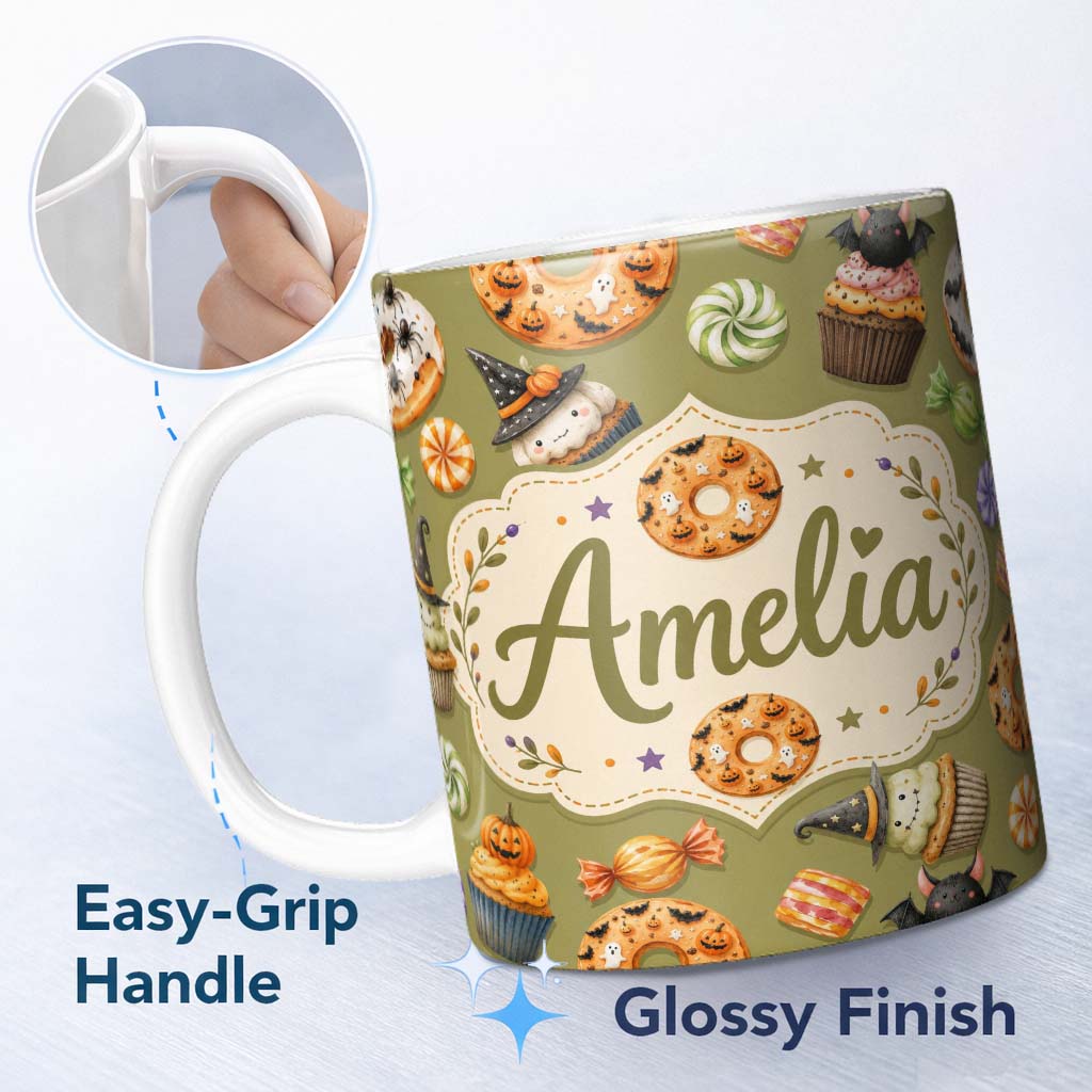 Personalized Custom Name Cute Halloween Spooky Donuts Cupcakes Treats Olive Background 11oz Ceramic Coffee Tea Mug White Large Handle