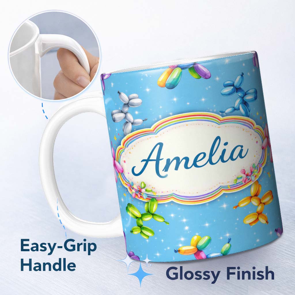 Personalized Custom Name Balloon Dog Seamless Pattern Blue Background Colorful Party Design 11oz Ceramic Coffee Tea Mug White Large Handle
