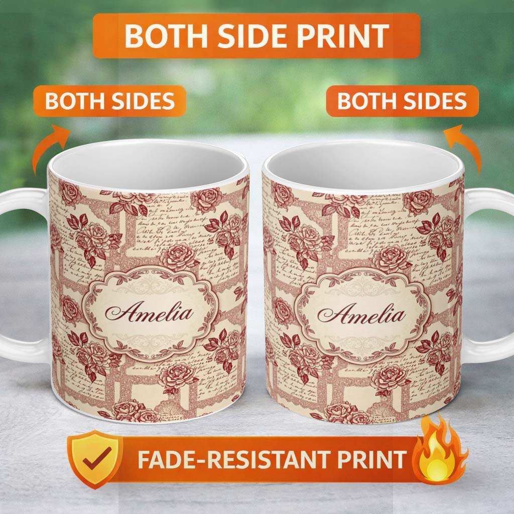 Personalized Custom Name Vintage Rose Script Frame Elegant Seamless Pattern Design Lovely 11oz Ceramic Coffee Tea Mug White Large Handle