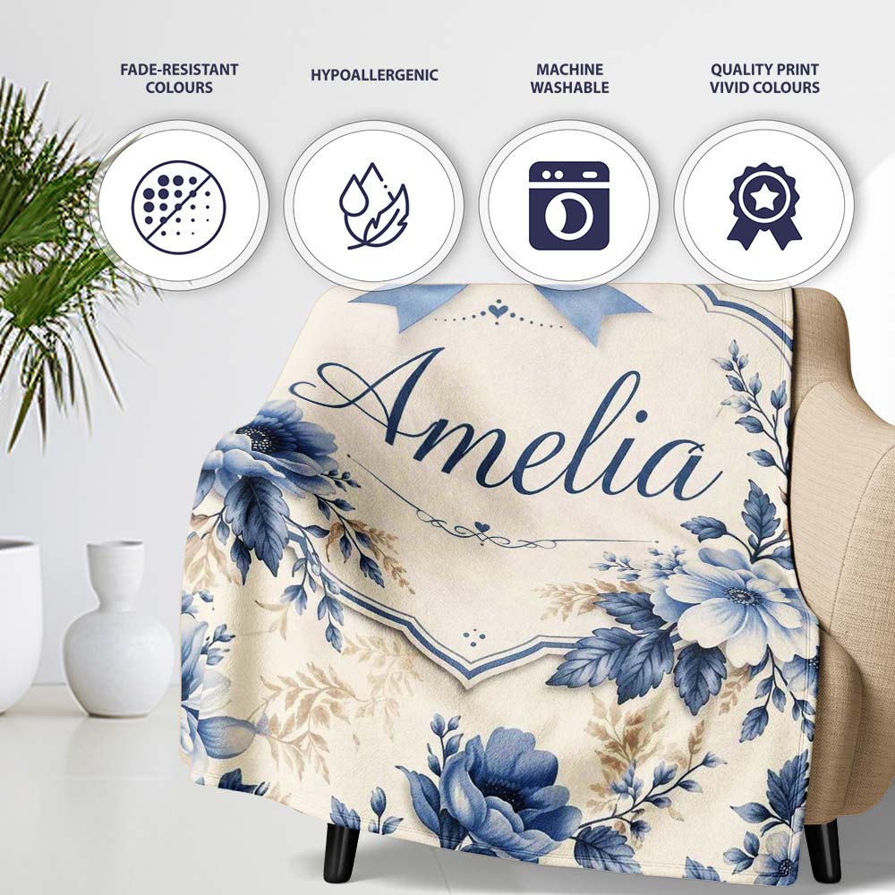 Classic Blue & Cream Floral Vintage Botanical Pattern Lovely Personalised Custom Name Super Soft Fleece Blanket Bed Sofa Throw