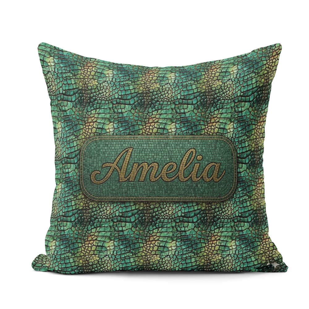 Custom Name Deep Teal Crocodile Texture Pattern Bold Skin Design Square Filled Cushion Throw Pillow Sofa Bed Home Decor Zip Washable UK Made