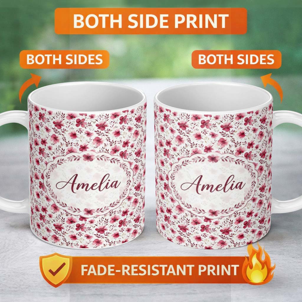 Personalized Custom Name Elegant Pink Floral Blossom Branch Seamless Pattern Cute Unique Gift 11oz Ceramic Coffee Tea Mug White Large Handle