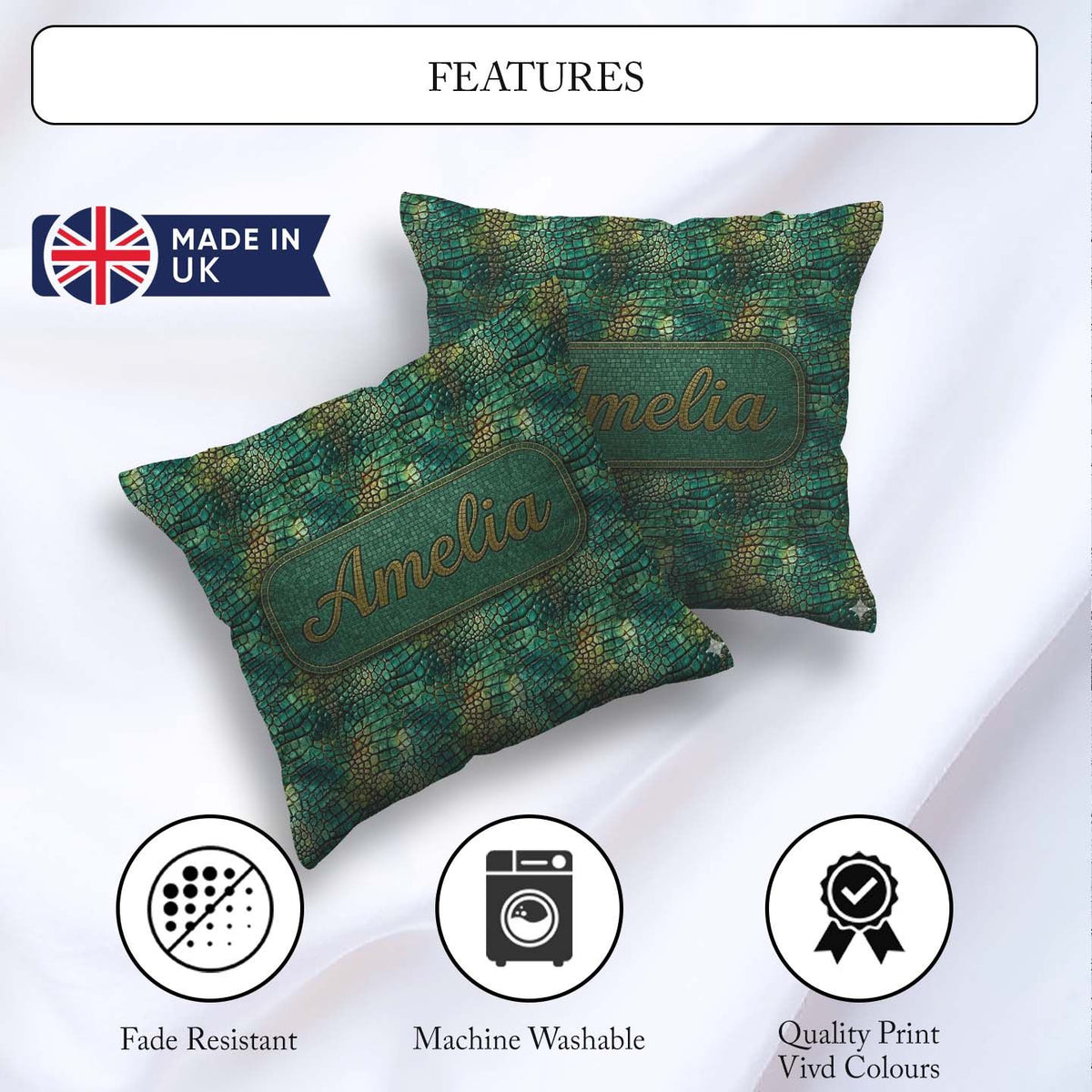 Custom Name Deep Teal Crocodile Texture Pattern Bold Skin Design Square Filled Cushion Throw Pillow Sofa Bed Home Decor Zip Washable UK Made