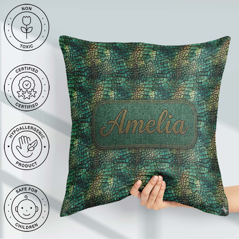 Custom Name Deep Teal Crocodile Texture Pattern Bold Skin Design Square Filled Cushion Throw Pillow Sofa Bed Home Decor Zip Washable UK Made