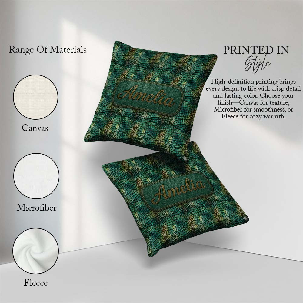 Custom Name Deep Teal Crocodile Texture Pattern Bold Skin Design Square Filled Cushion Throw Pillow Sofa Bed Home Decor Zip Washable UK Made
