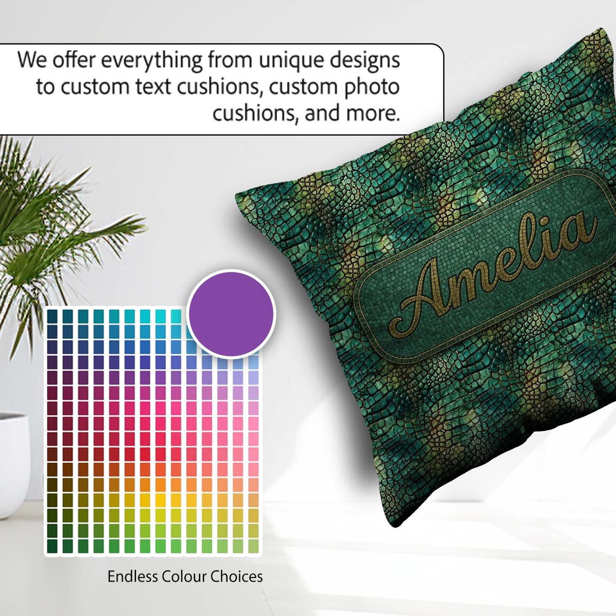 Custom Name Deep Teal Crocodile Texture Pattern Bold Skin Design Square Filled Cushion Throw Pillow Sofa Bed Home Decor Zip Washable UK Made