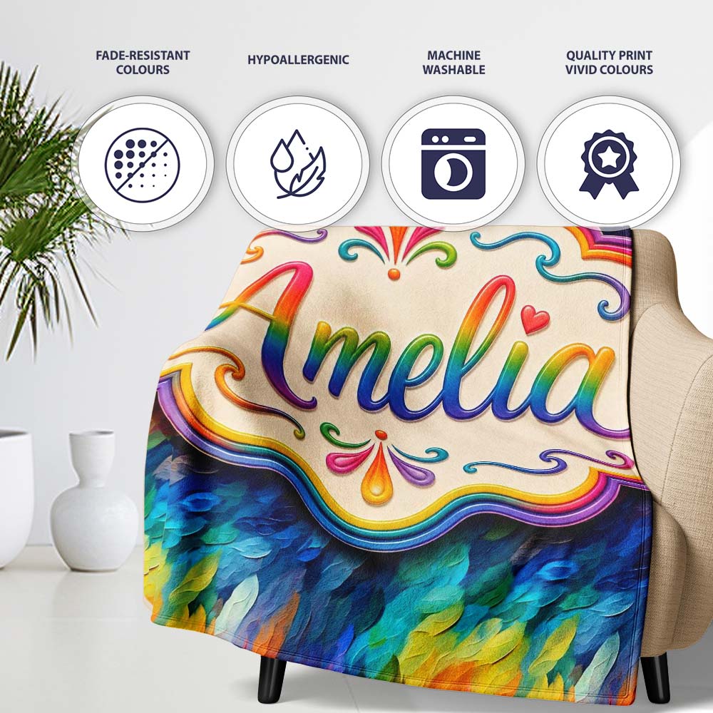 Vivid Rainbow Fluid Art Swirl Pattern Seamless Pattern Lovely Personalised Custom Name Super Soft Fleece Blanket Bed Sofa Throw
