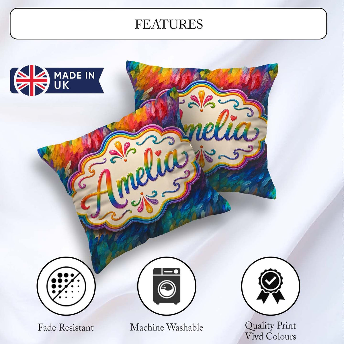 Custom Name Vivid Rainbow Fluid Art Swirl Pattern Pattern Lovely Square Filled Cushion Throw Pillow Sofa Bed Home Decor Zip Washable UK Made