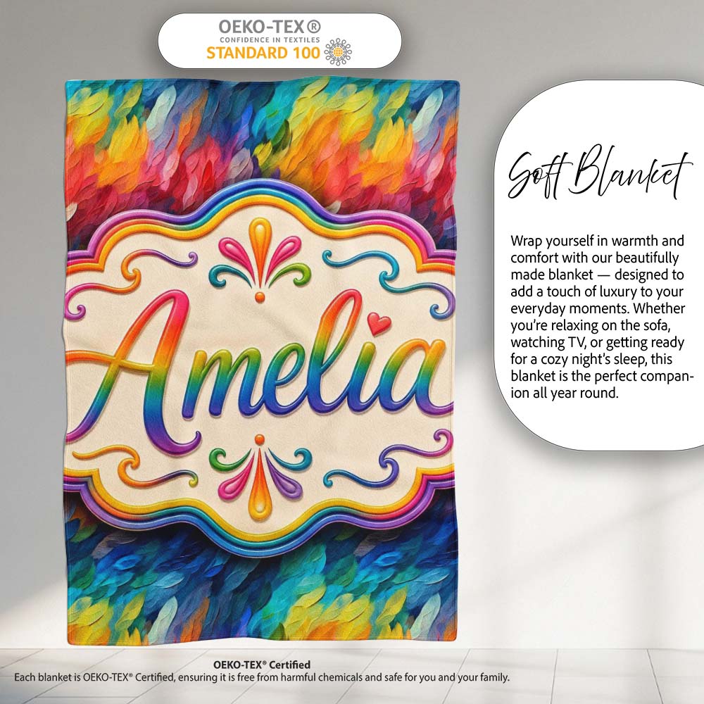 Vivid Rainbow Fluid Art Swirl Pattern Seamless Pattern Lovely Personalised Custom Name Super Soft Fleece Blanket Bed Sofa Throw