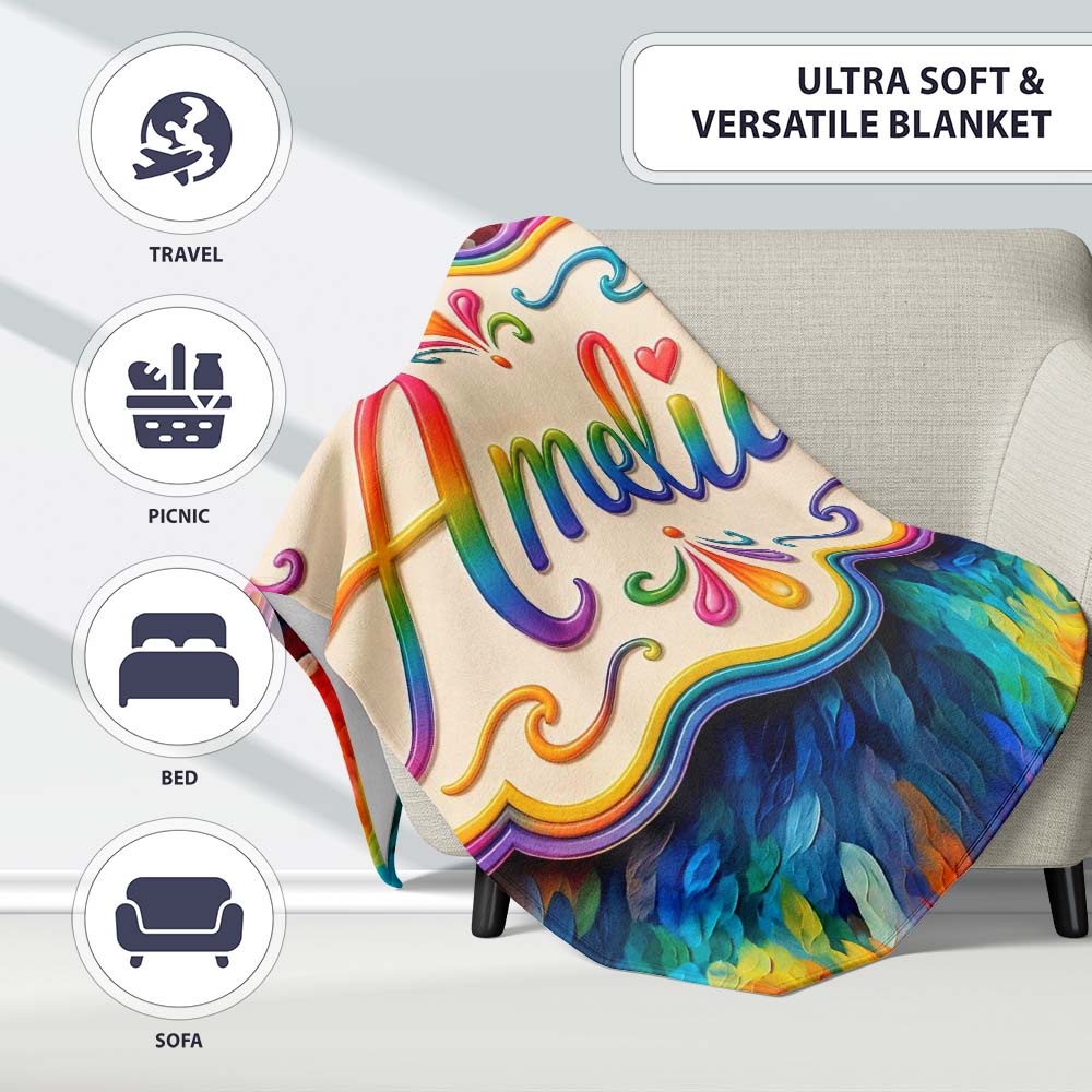 Vivid Rainbow Fluid Art Swirl Pattern Seamless Pattern Lovely Personalised Custom Name Super Soft Fleece Blanket Bed Sofa Throw