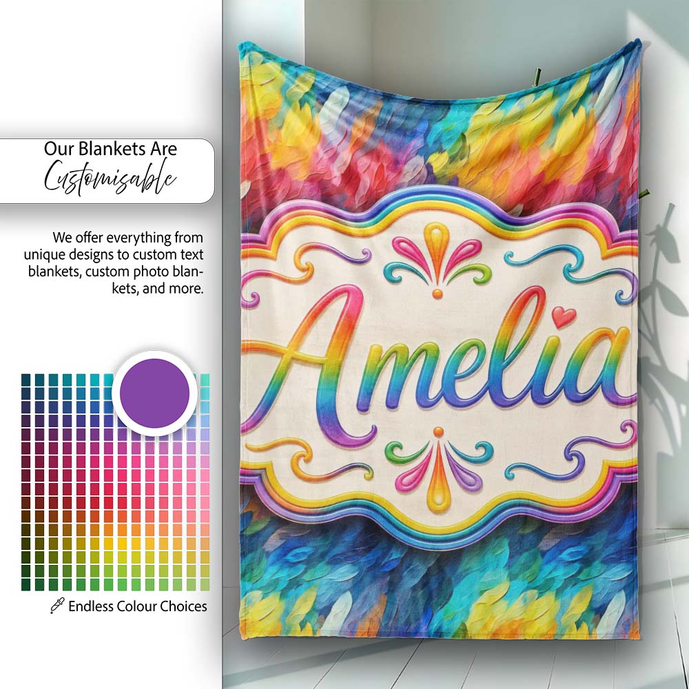 Vivid Rainbow Fluid Art Swirl Pattern Seamless Pattern Lovely Personalised Custom Name Super Soft Fleece Blanket Bed Sofa Throw