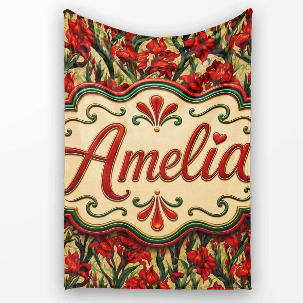 Vintage Red Floral Botanical Sketch Seamless Pattern Lovely Personalised Custom Name Super Soft Fleece Blanket Bed Sofa Throw