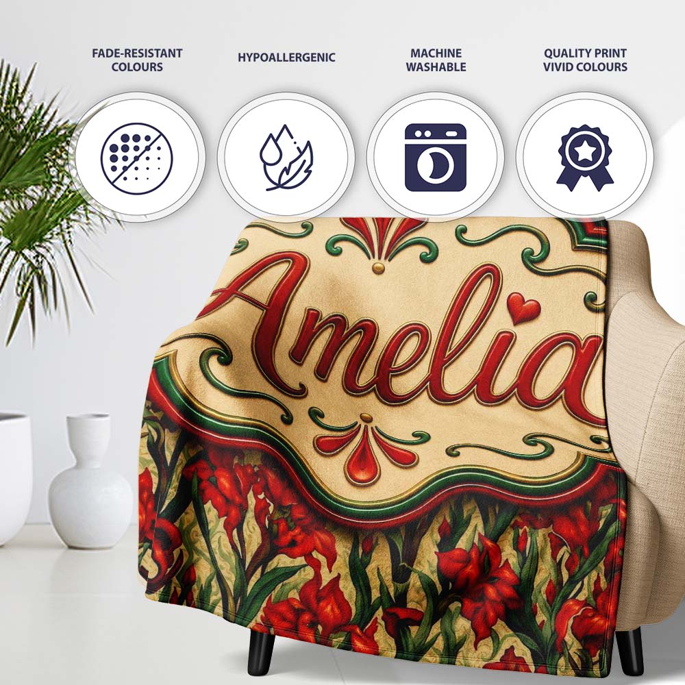 Vintage Red Floral Botanical Sketch Seamless Pattern Lovely Personalised Custom Name Super Soft Fleece Blanket Bed Sofa Throw