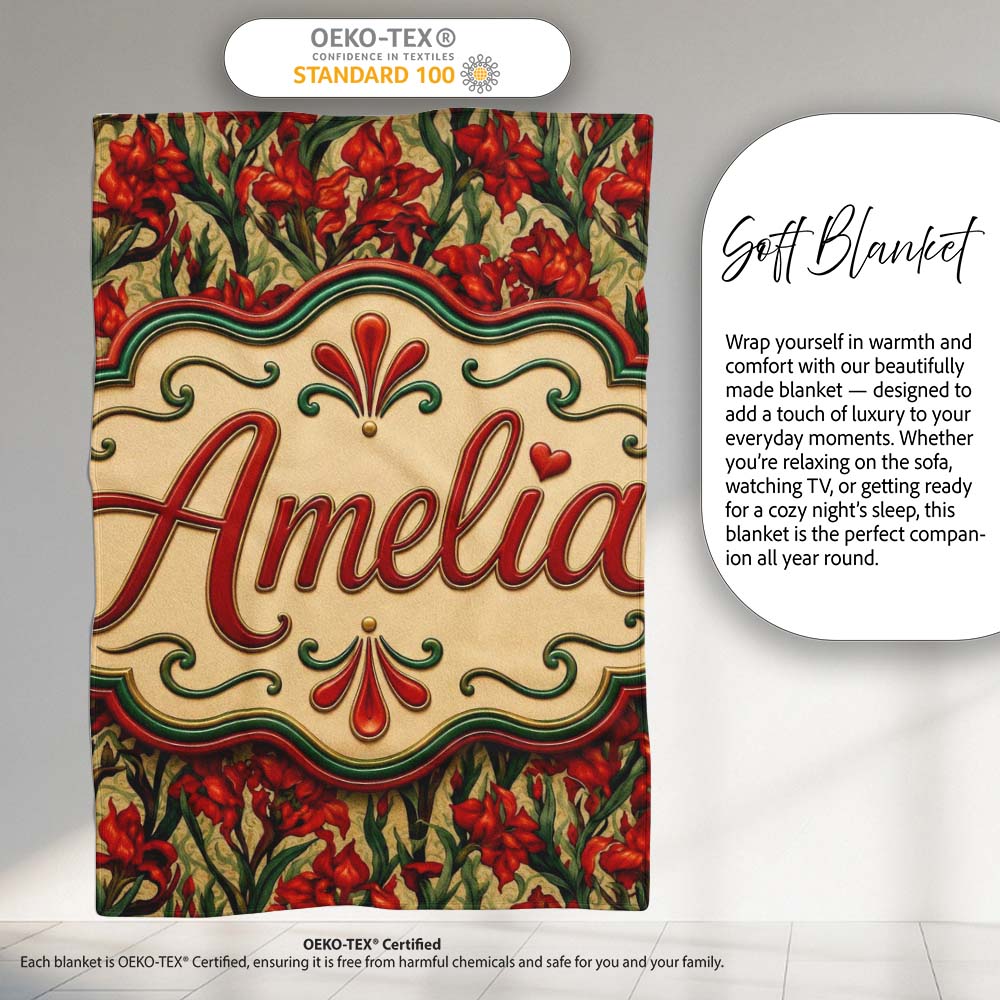 Vintage Red Floral Botanical Sketch Seamless Pattern Lovely Personalised Custom Name Super Soft Fleece Blanket Bed Sofa Throw