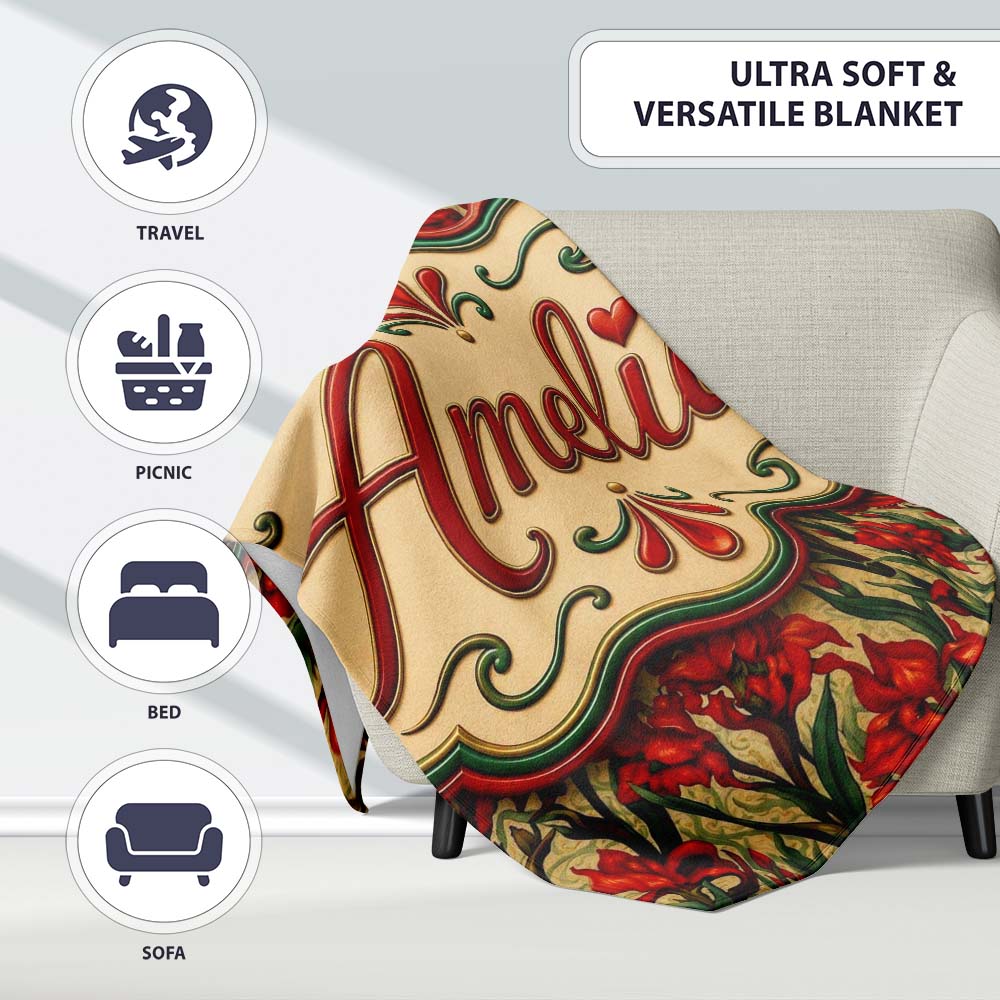 Vintage Red Floral Botanical Sketch Seamless Pattern Lovely Personalised Custom Name Super Soft Fleece Blanket Bed Sofa Throw