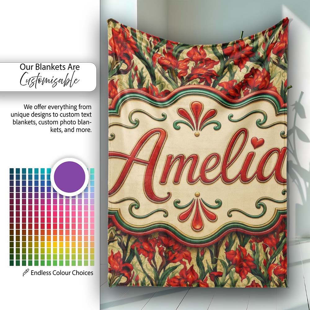 Vintage Red Floral Botanical Sketch Seamless Pattern Lovely Personalised Custom Name Super Soft Fleece Blanket Bed Sofa Throw